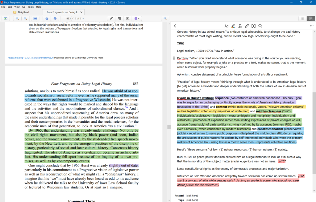 Screen capture: Zotero application window, showing a marked-up PDF of an article on the left side on one side and reading notes on the right side.